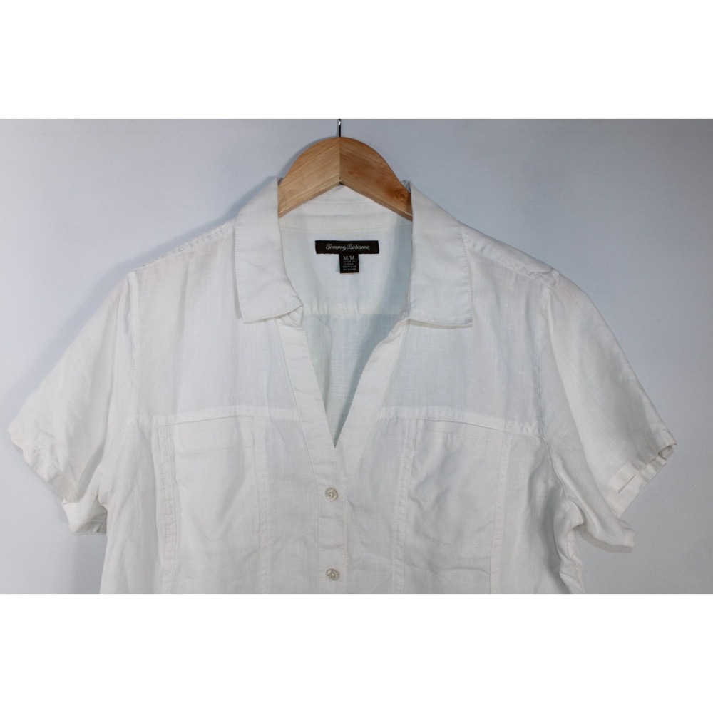 Tommy Bahama Women's Medium White Short Sleeve V-Neck Linen Shirt - Picture 2 of 8